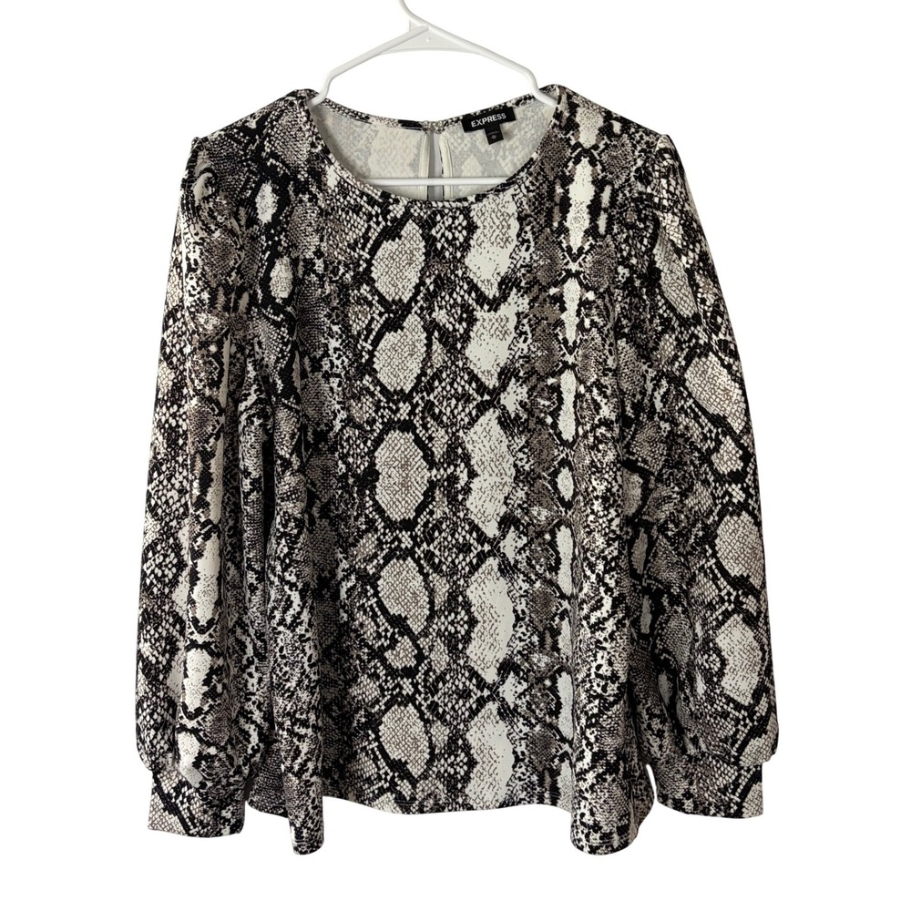 Express Snakeskin Print Long Sleeve Blouse Grey White Keyhole Back Womens XL